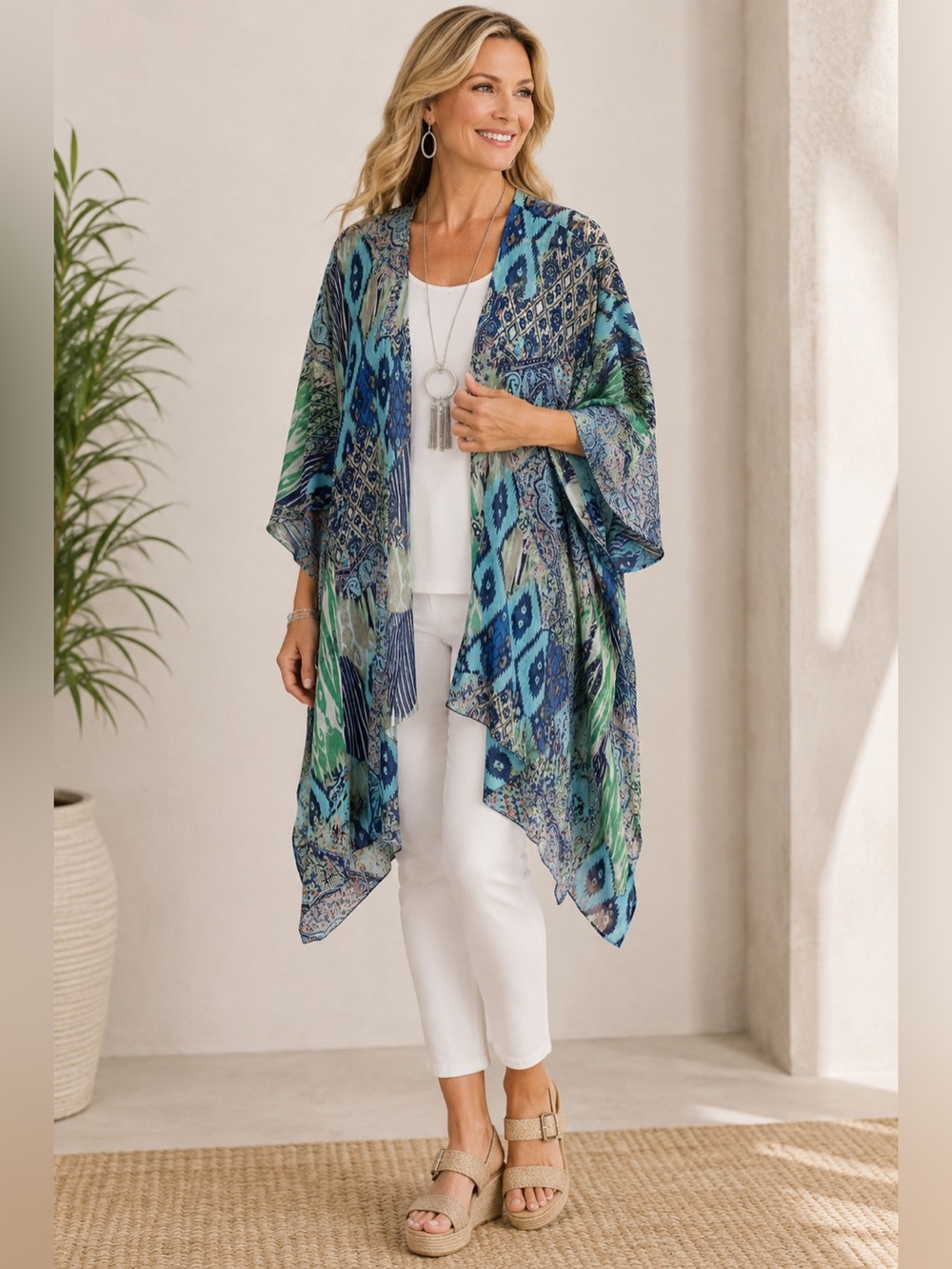 Chico’s Blue Paisley Ikat Patchwork Draped Kimono Cardigan L/XL